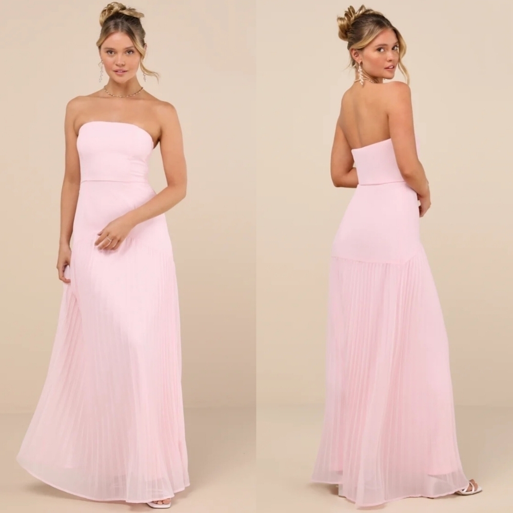 Lulus Celebratory Aesthetic Blush Pink Pleated Strapless Maxi Dress L Wedding
